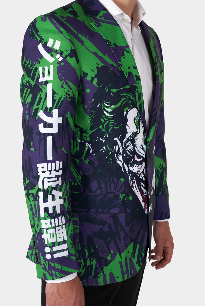 Man wearing purple and green batman vs Joker men's blazer, close up