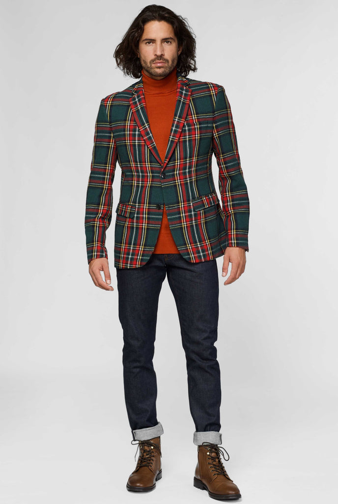 Red and green tartan blazer worn by man