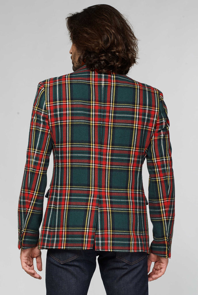 Red and green tartan blazer worn by man, view from the back