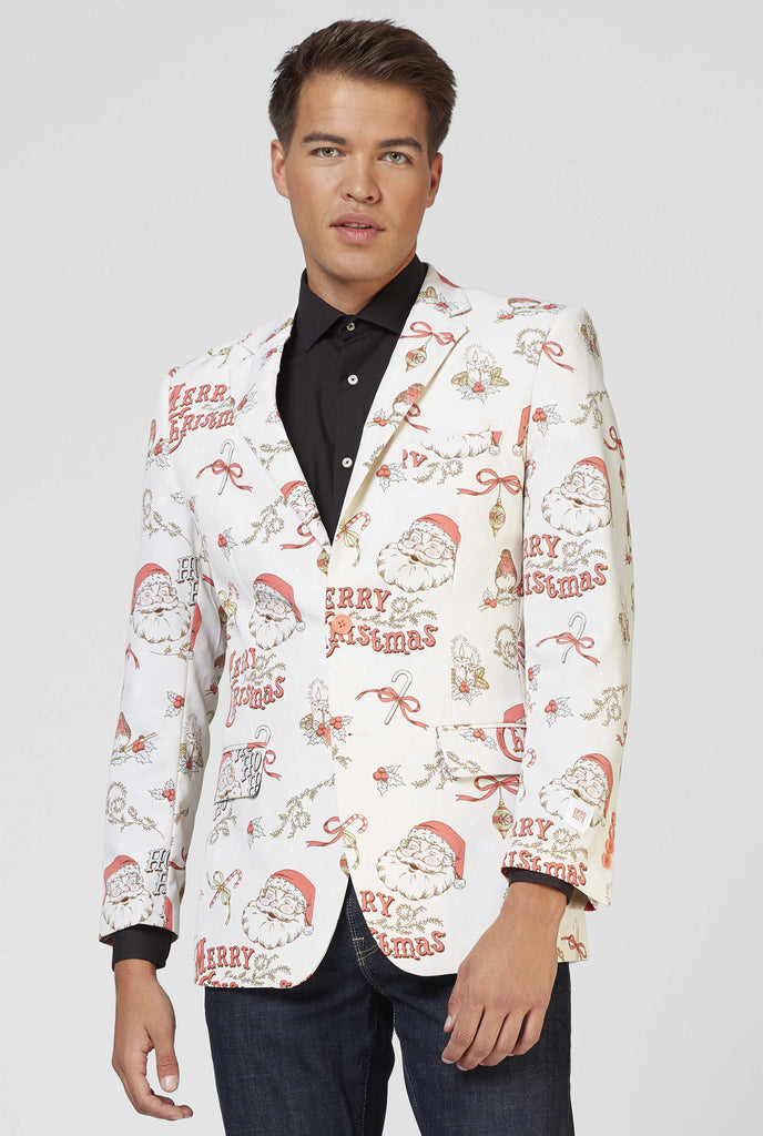 Man wearing off-white and red Chrismas blazer and black shirt