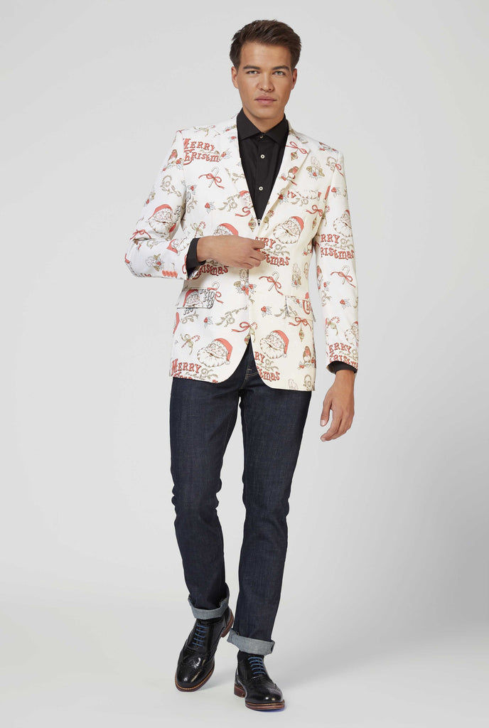 Man wearing off-white and red Chrismas blazer and black shirt