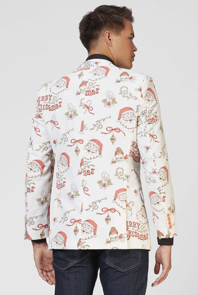 Man wearing off-white and red Chrismas blazer and black shirt, view from the back