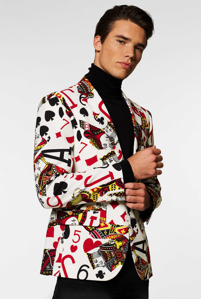 Playing cards print casual blazer King Of Clubs worn by men zoomed in