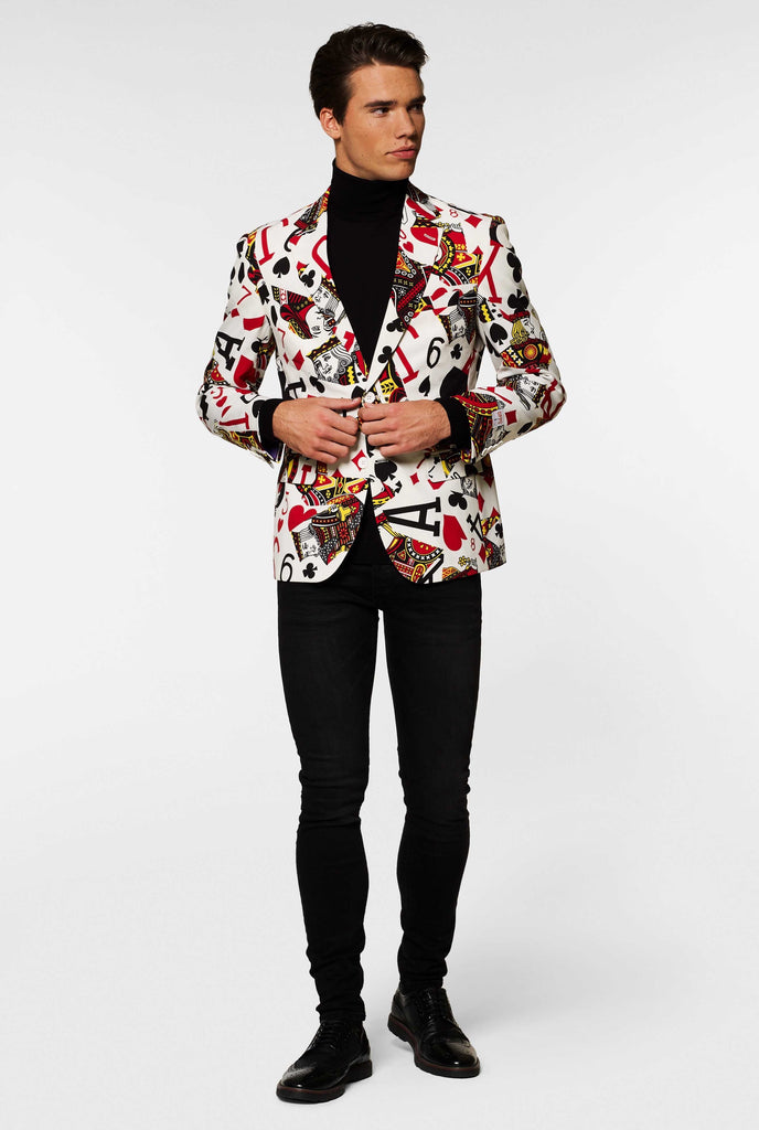 Playing cards print casual blazer King Of Clubs worn by man