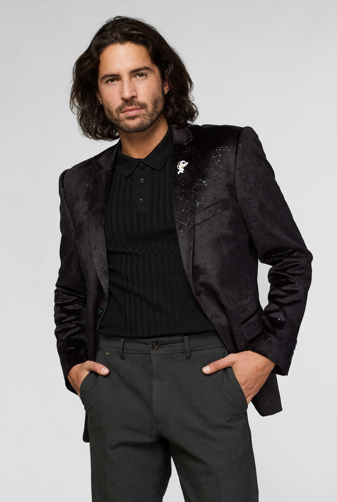 Black casual blazer jacket with constellation pattern worn by man