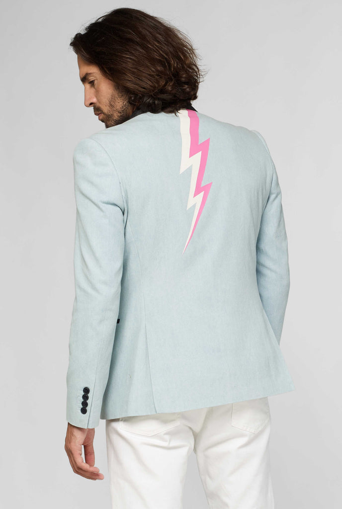 Blue casual blazer with white and pink lightning bolt worn by man showing back of jacket