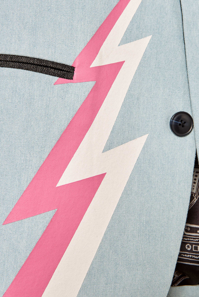 Blue casual blazer with white and pink lightning bolt worn by man, close up