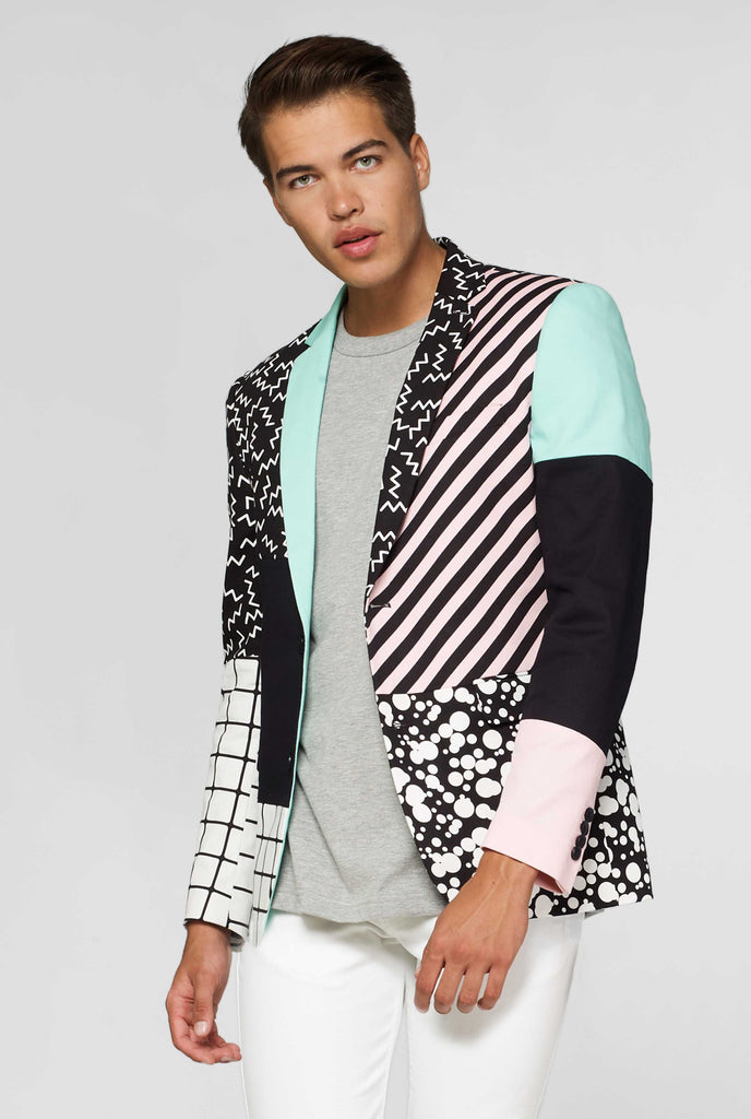 abstract pattern casual blazer inspired by Memphis group worn by man