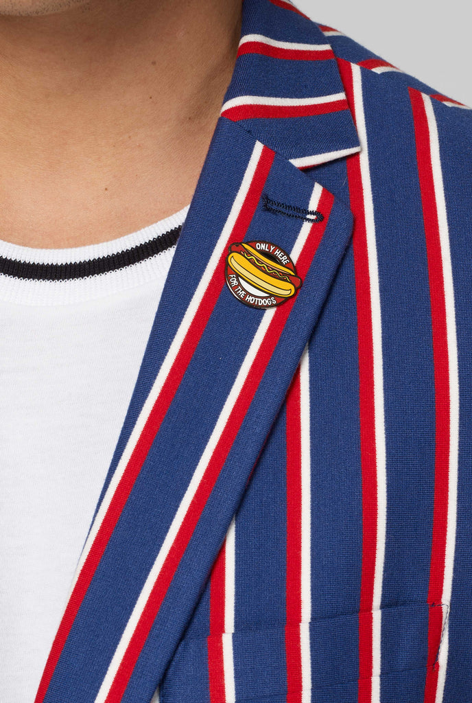 Red white and blue striped casual blazer showing detail of hotdog pin