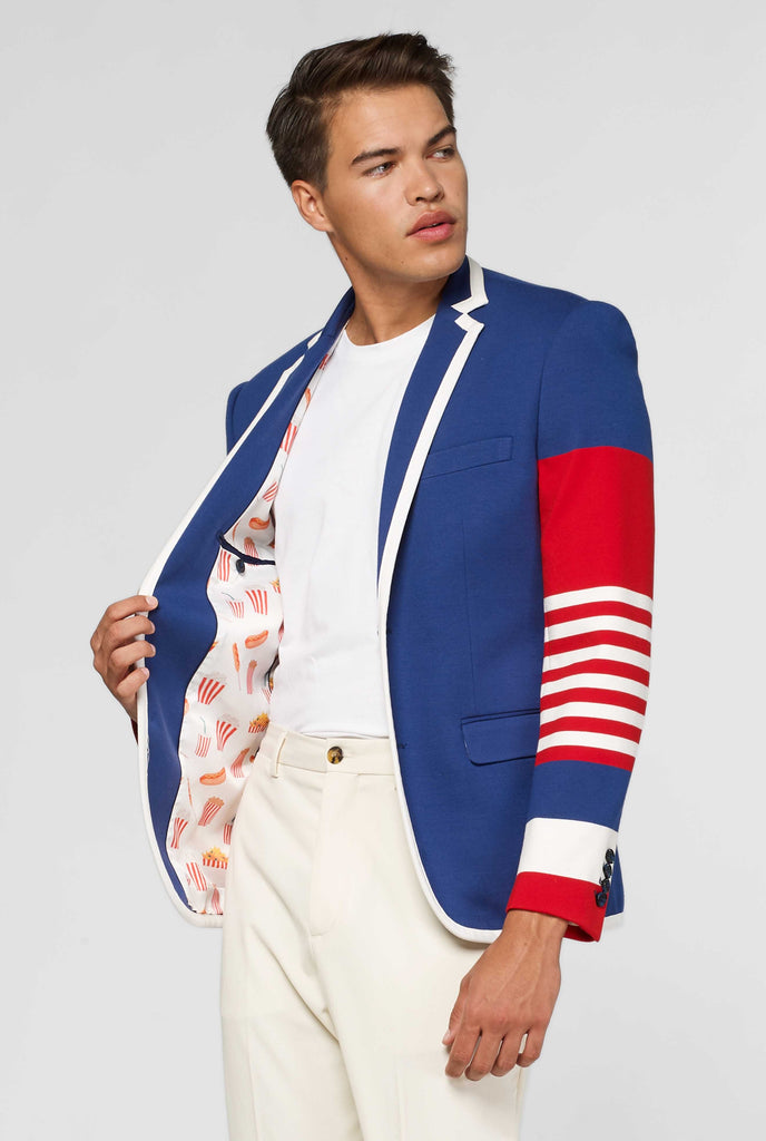 Red white and blue sporty casual blazer worn by man