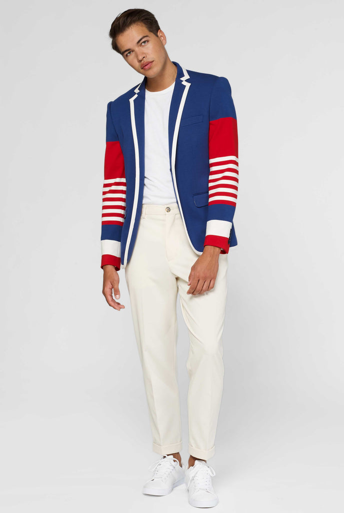 Red white and blue sporty casual blazer worn by man