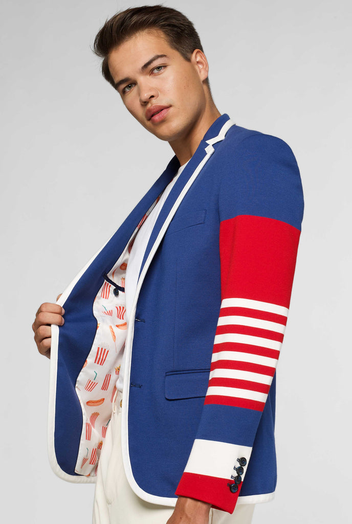 Red white and blue sporty casual blazer worn by man showing jacket inside