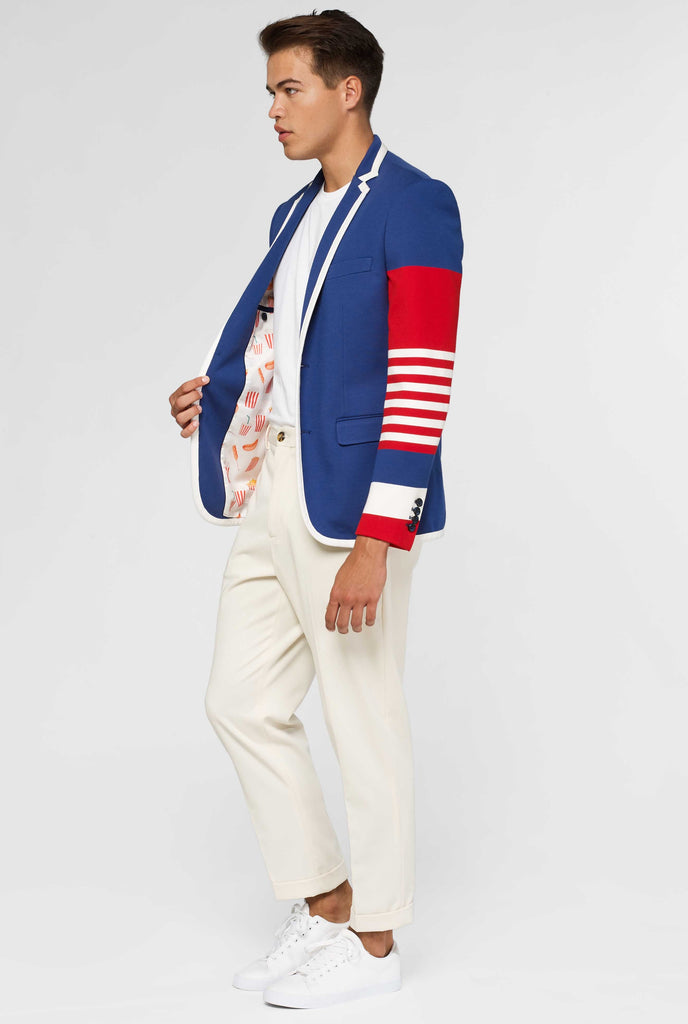 Red white and blue sporty casual blazer worn by man