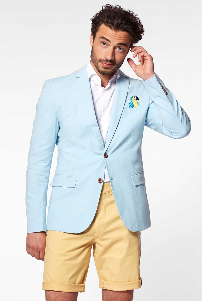 Blue casual blazer with parrot embroidery worn by man