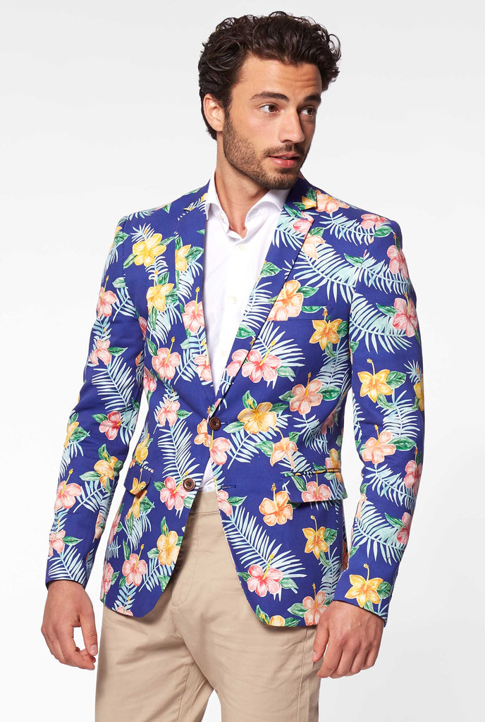 Blue casual blazer with flower print worn by man