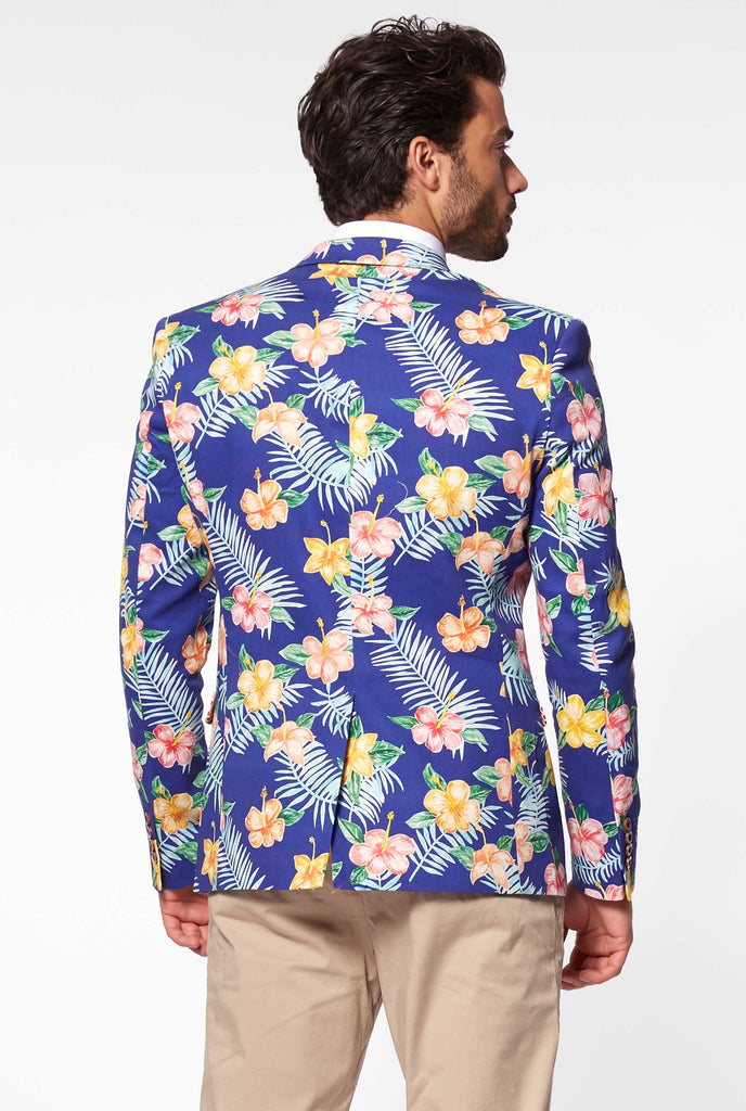 Blue casual blazer with flower print worn by man from the back