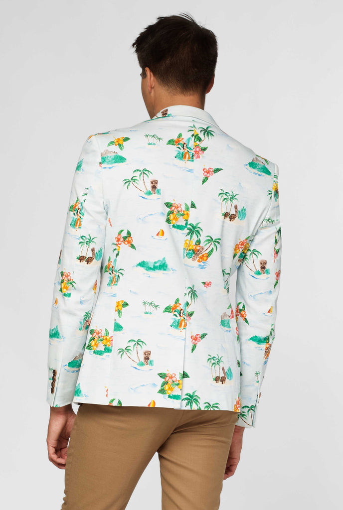 Back of white blazer with Hawaiian icon print worn by man