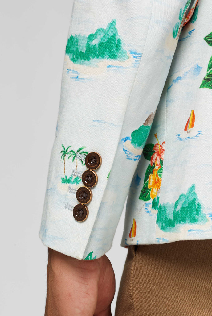 White blazer with Hawaiian icon print close up of sleeve