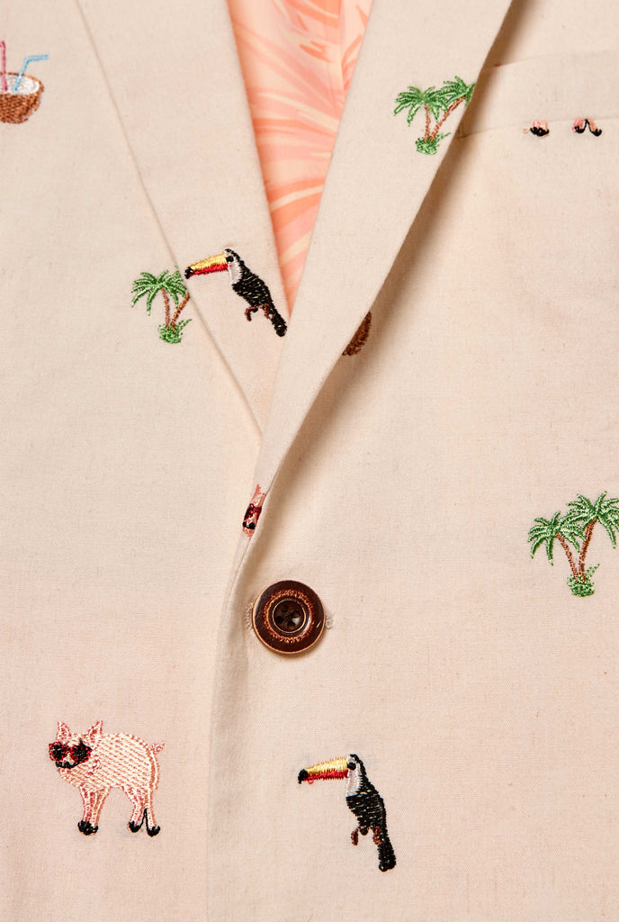 Off-white blazer with tropical embroidery close up on chest