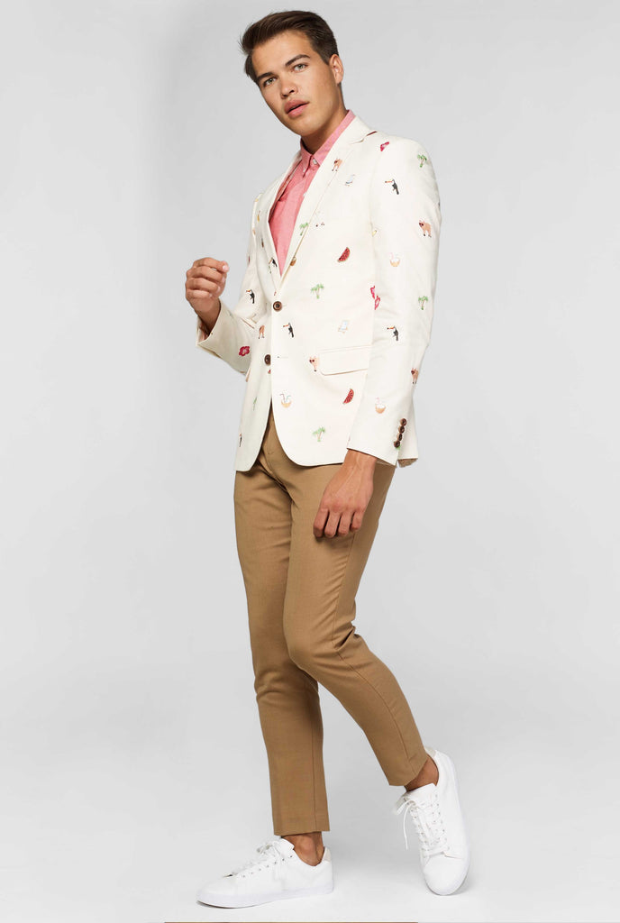 Off-white blazer with tropical embroidery worn by man