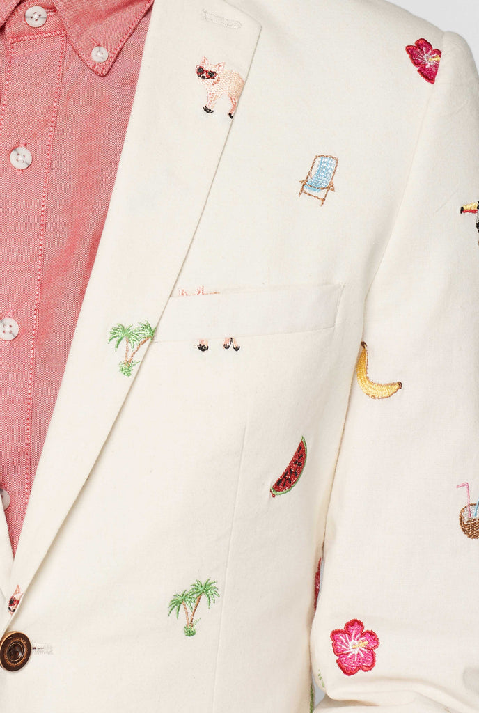 Off-white blazer with tropical embroidery worn by man shown up close detail of icons