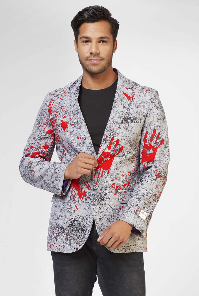 Men wearing grey Halloween blazer with blood stain print