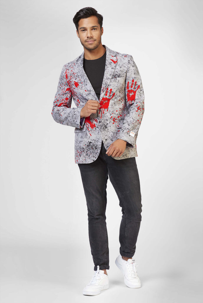 Men wearing grey Halloween blazer with blood stain print