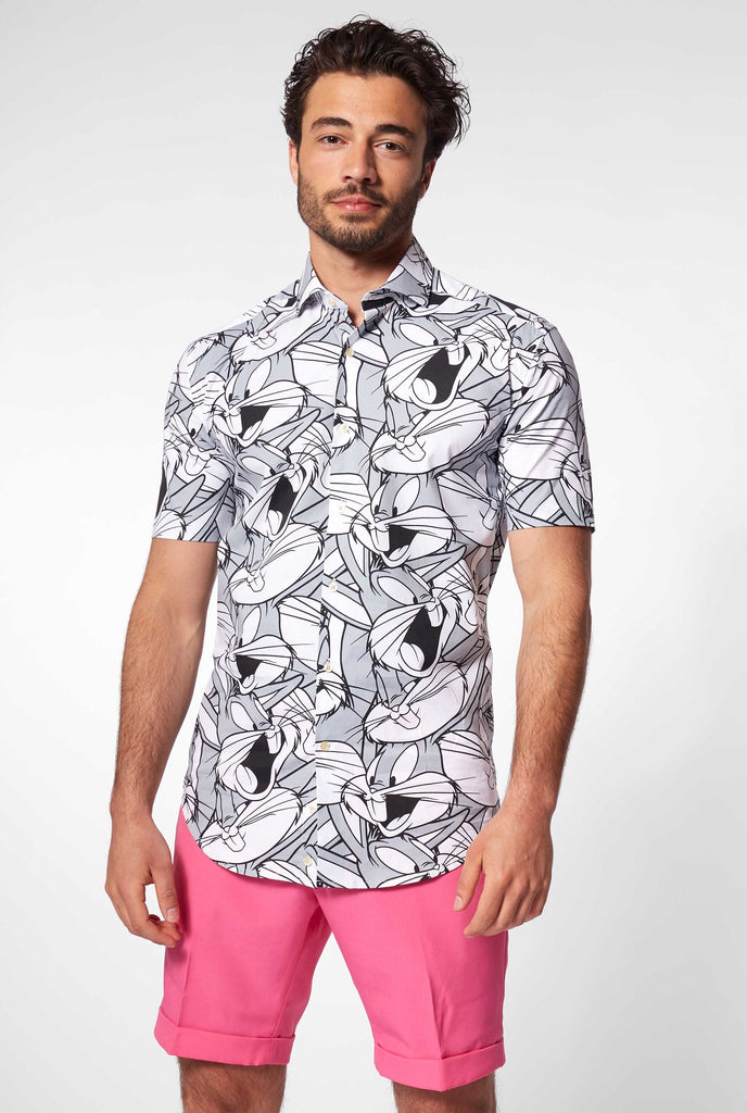 Man wearing summer shirt with bugs bunny Warner Bros print