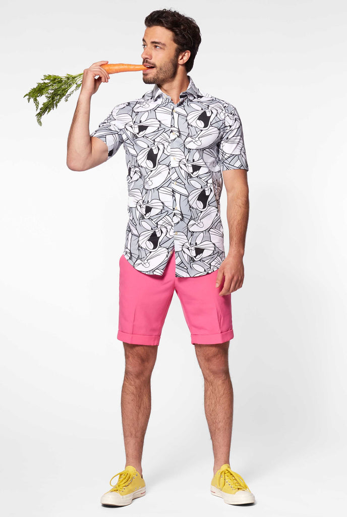 Man wearing summer shirt with bugs bunny Warner Bros print