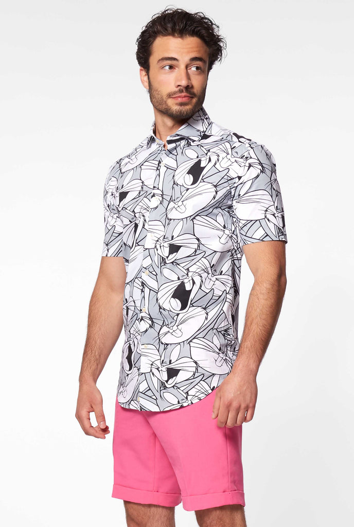 Man wearing summer shirt with bugs bunny Warner Bros print