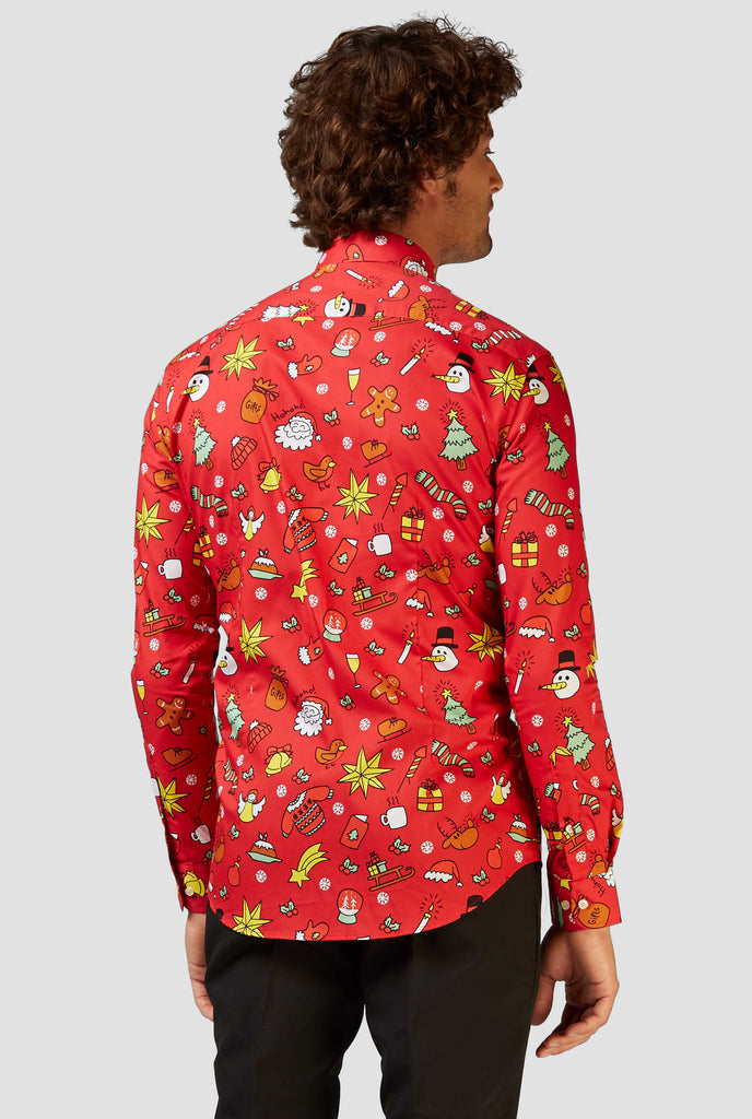 Man wearing red dress shirt with Christmas icons, view from the back