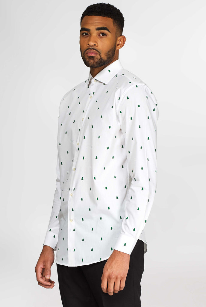 Man wearing white dress shirt with Christmas trees