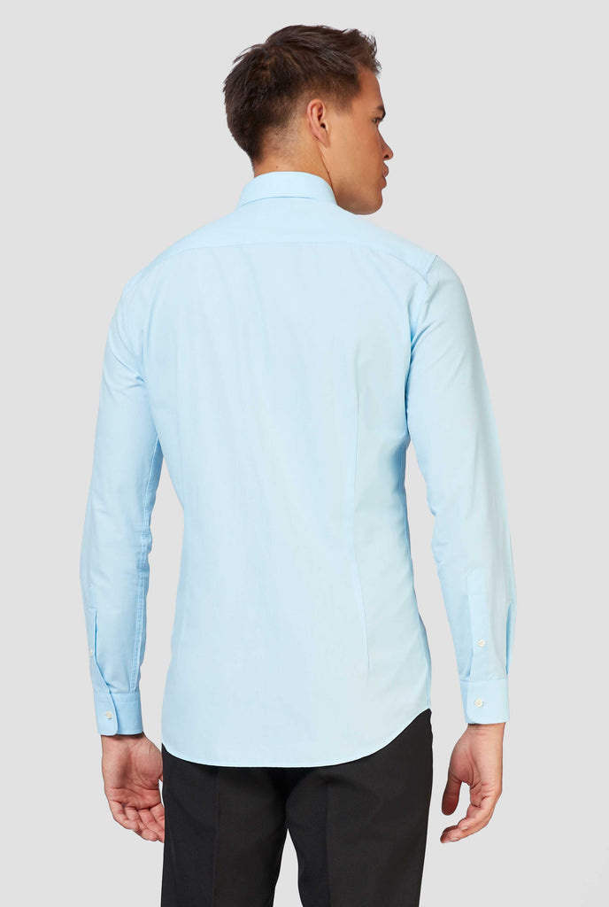 Man wearing light blue dress shirt, view from the back