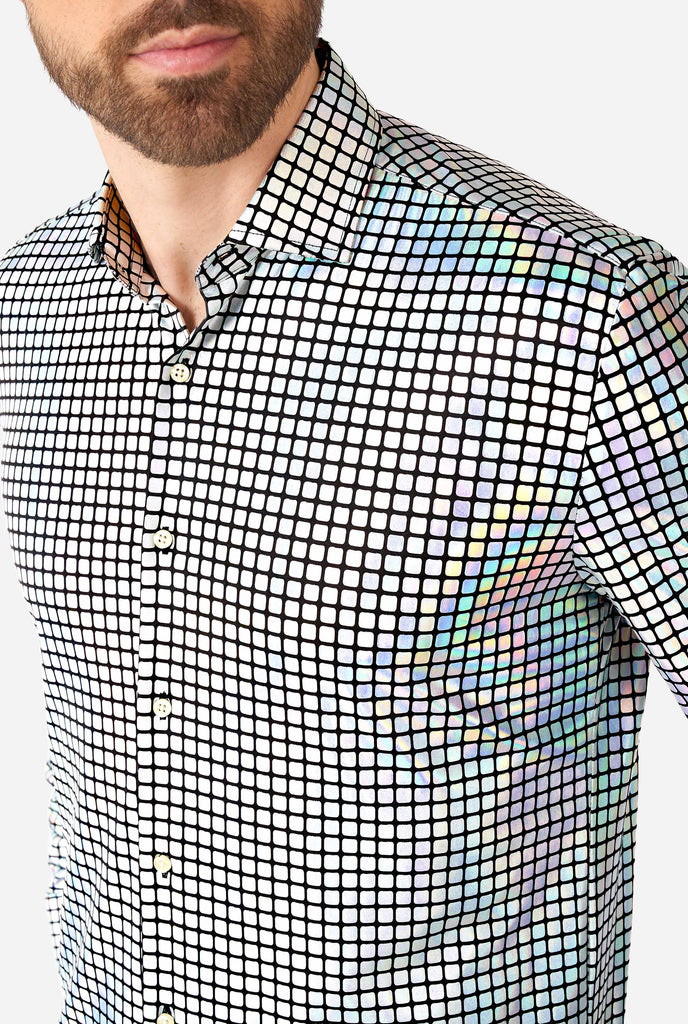 Man wearing dress shirt with mirror discobal print, close up