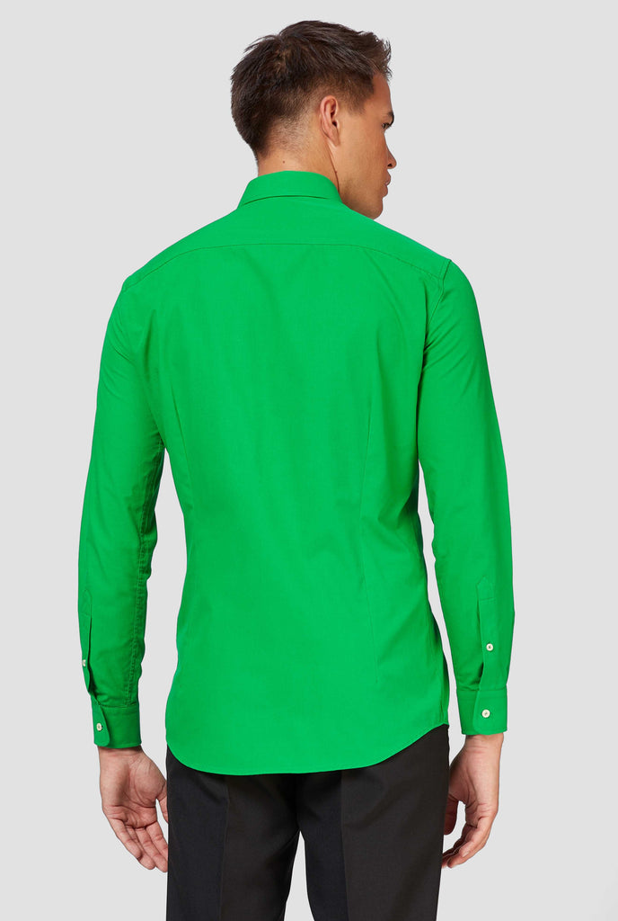 Man wearing green dress shirt, view from the back