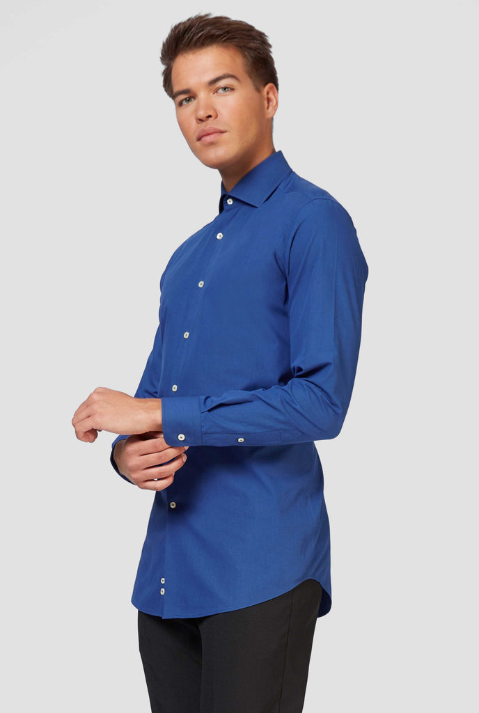 Man wearing dark blue dress shirt