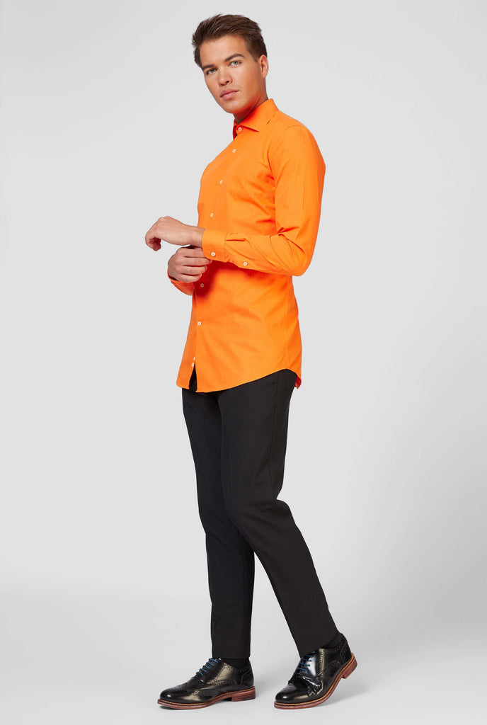 Man wearing orange dress shirt