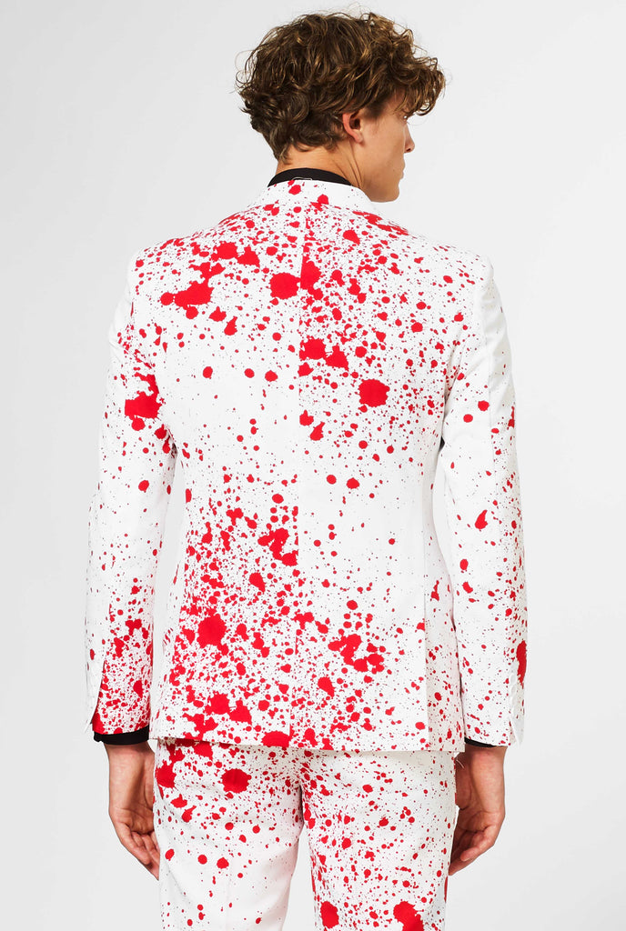 Red Bloodsplatters Halloween suit shown from behind worn by man