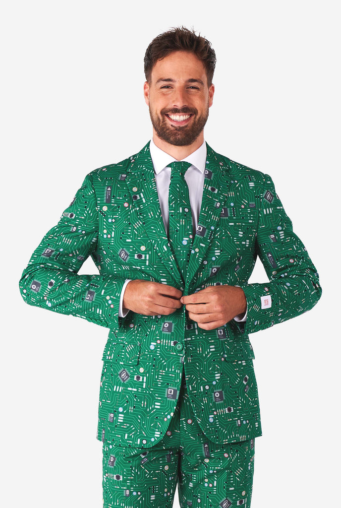 Man wearing men's suit with circuit board print