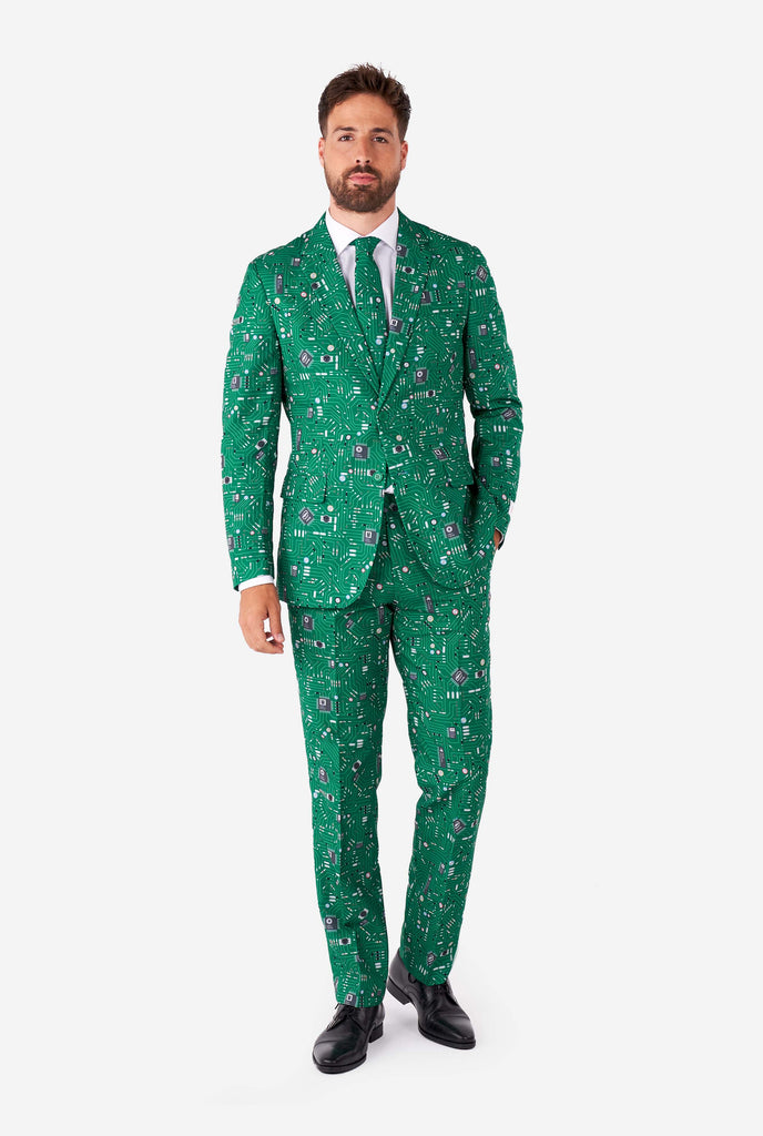 Man wearing men's suit with circuit board print