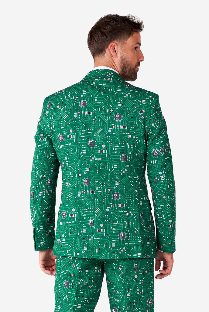 Man wearing men's suit with circuit board print, view from the back