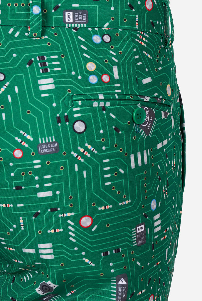 Man wearing men's suit with circuit board print, pants close up