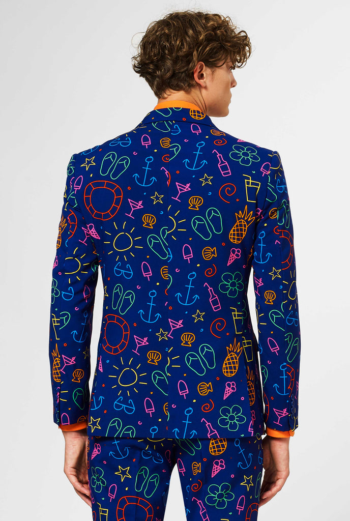 Dark blue suit with bright doodle iconography shown from behind