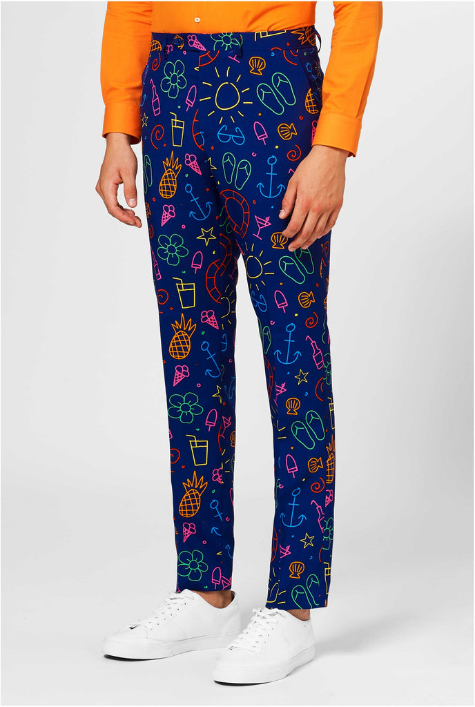 Dark blue suit pants with bright doodle iconography