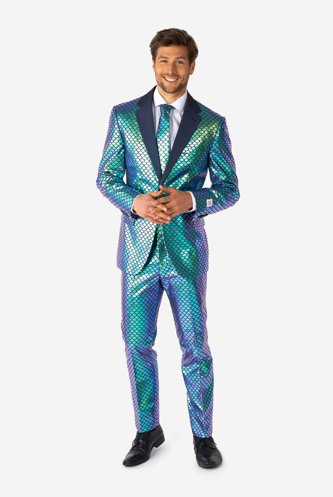 Man wearing blue fish scale motive suit