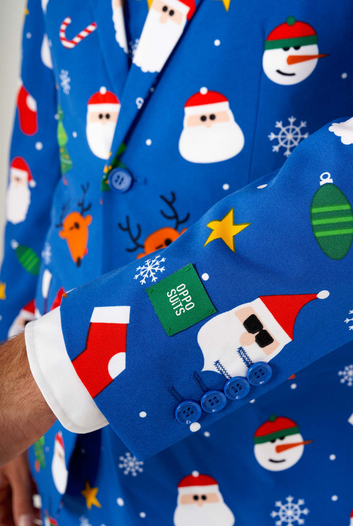 Man wearing blue Christmas suit close up view 