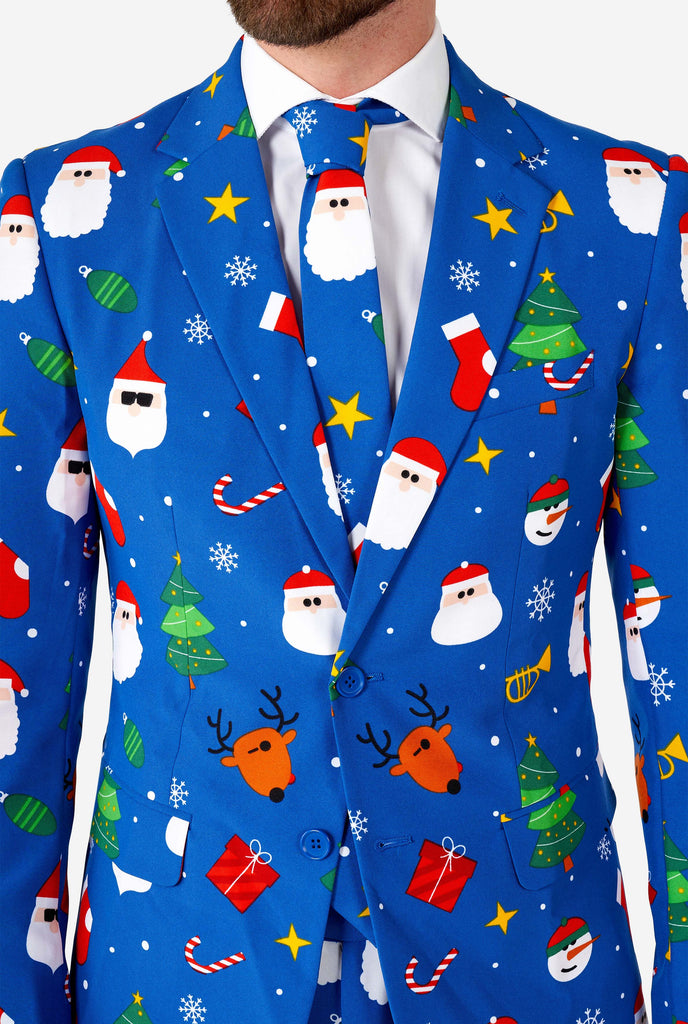 Man wearing blue Christmas suit close up view