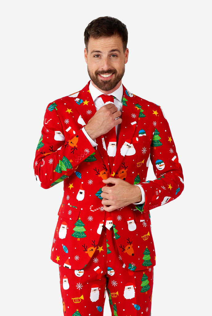 Man wearing red Christmas suit