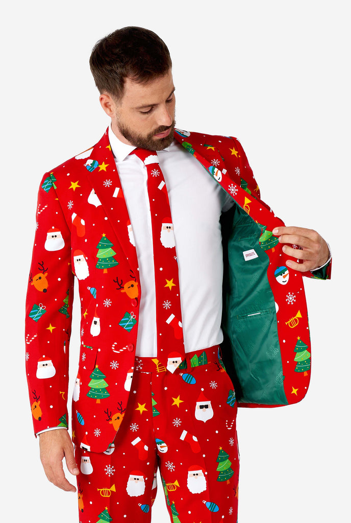 Man wearing red Christmas suit