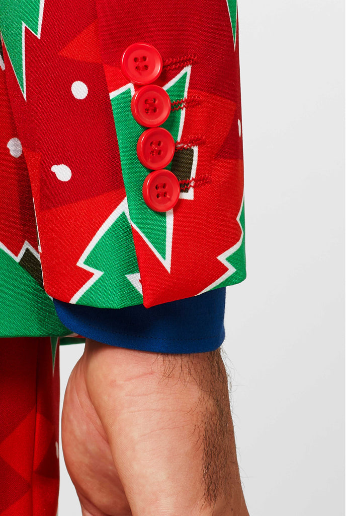 Red Christmas suit sleeve with pine tree print worn by man